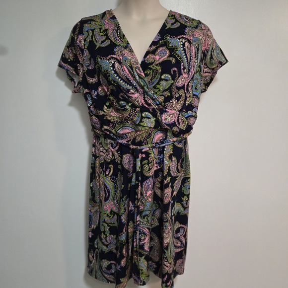 Talbots Dresses & Skirts - Talbots Petite 2XP Navy Blue Paisley Print Stretch Knit Faux Wrap V-Neck Dress